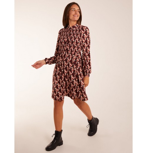 Geometric Print Shirred Bust Long Sleeve Shirt Dress