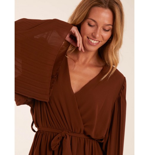 Wrap Front Pleated Sleeve Midi Dress