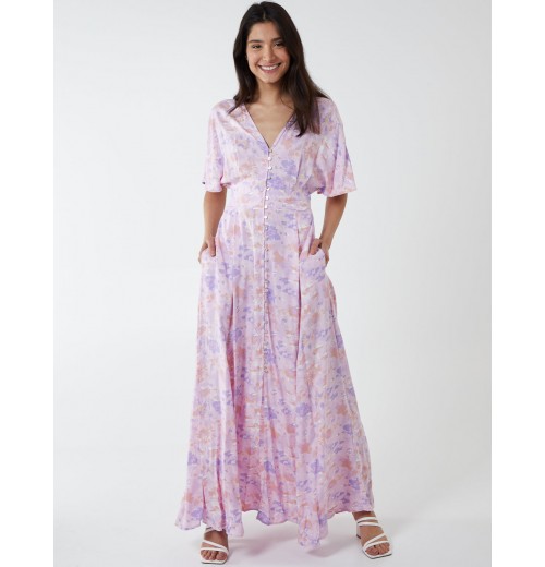 Button Through Angel Sleeve Maxi Dress