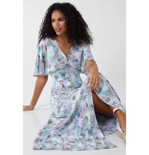 Tropical Leaf Button Through Maxi Dress