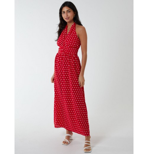 Polka Dot Halter Neck Maxi Dress